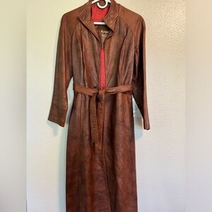 Brown, floor length leather coat